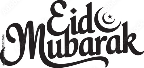 Eid Mubarak Calligraphy Title with Crescent Moon Isolated on White