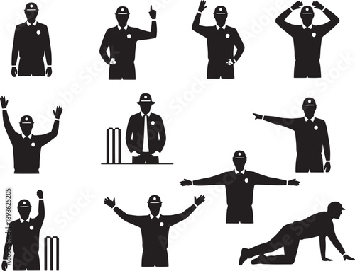 Set of black silhouette cricket umpire gestures vector illustration