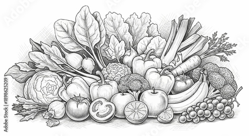 Assortment of Fresh Fruits and Vegetables Illustration.