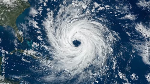 A realistic, top-down satellite view of a massive, powerful hurricane over the ocean