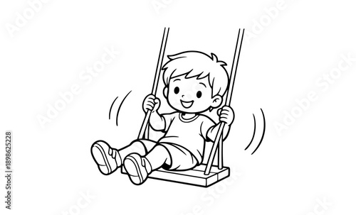 Cute cartoon boy happily swinging on a swing set in a simple line drawing style
