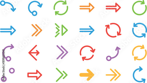 Colorful modern arrow icon set featuring refresh sync navigation and directional pointers for web interface design and infographics
