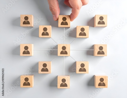 business concept showing a growing social network made of wooden cubes 
