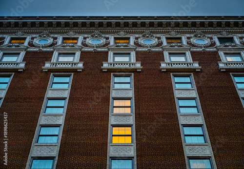 The facade of the historic hotel originally built as the Pantlind Hotel currently called the Amway Grand Plaza Hotel in Grand Rapids, Michigan.