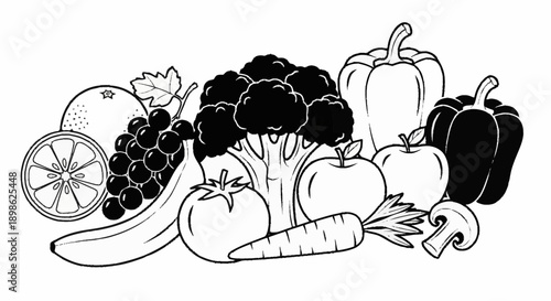 Assortment of fresh fruits and vegetables in black and white illustration.