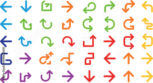 Colorful rounded line arrow icon set for mobile app navigation interface design business process flow and curved directional symbols
