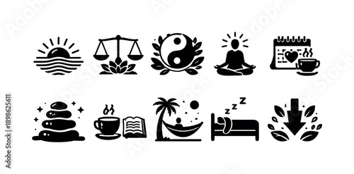 Meditation, wellness solid icon set. Relaxation, balance symbols solid collection