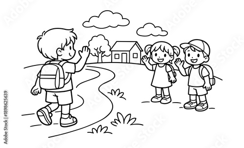 Children with backpacks waving goodbye on a path near a house and trees