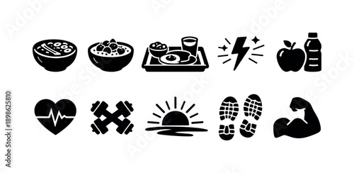 Nutrition, fitness silhouette icon set. Healthy lifestyle, exercise silhouette collection