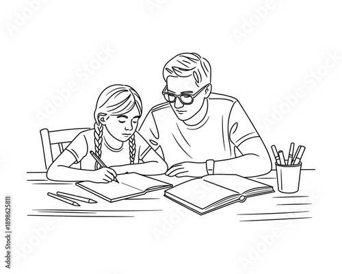 Father and daughter diligently working on homework together at a table with books and pencils