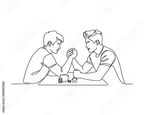 Two men engaged in an intense arm wrestling match with money and a house on the table signifying competition for wealth and stability