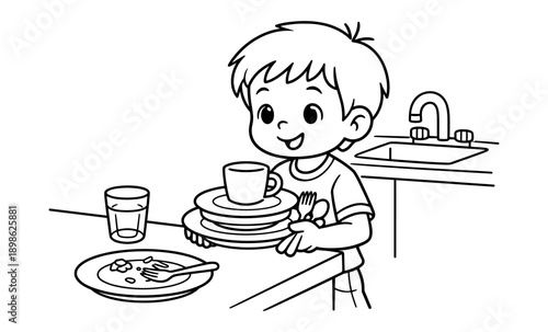 Happy boy carrying stack of dirty dishes and cutlery to the kitchen sink for washing