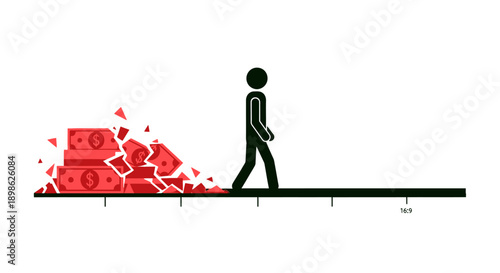 Financial loss concept: Stick figure walking away from crumbling money pile, illustrating debt, decreasing wealth, or rapid expenditure.