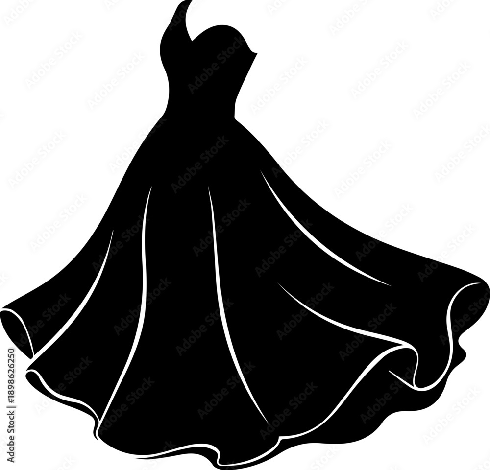 Φωτογραφία Elegant black silhouette of a flowing ball gown on a white background, vector il