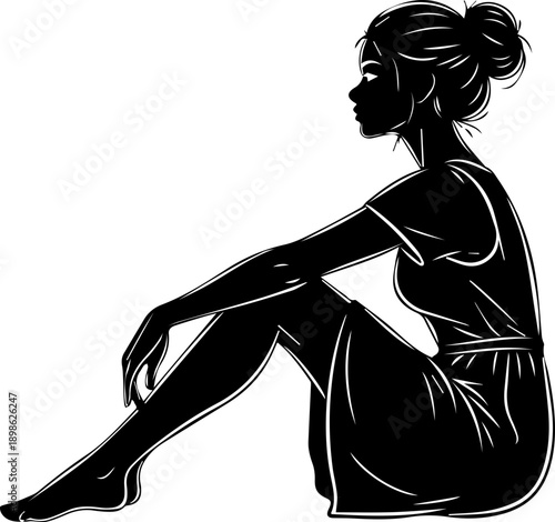 Black silhouette of a woman sitting with her knees pulled to her chest, profile view, on a white background