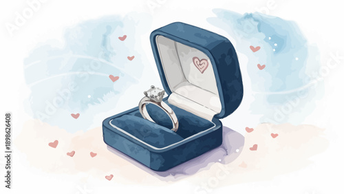 Romantic engagement ring in open blue velvet box with hearts symbolizing love and commitment in a beautiful watercolor illustration