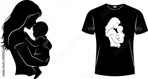 Mother Holding Baby Silhouette with T-Shirt Design Mockup, Love and Care, Family Bond, Black and White Vector