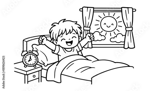 Happy child waking up in bed with arms stretched towards the bright morning sun