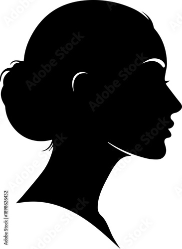 Elegant Woman's Silhouette Profile with Updo Hairstyle, Minimalist Black and White Vector Art, Classic Beauty