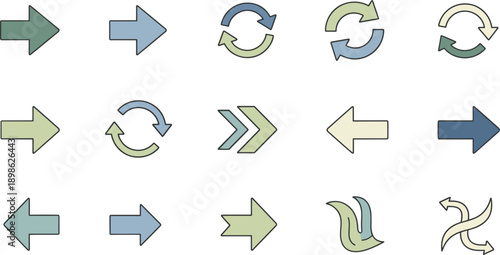 Muted duo-tone arrow icon set with thick outlines featuring reload sync and directional symbols for professional web design interface