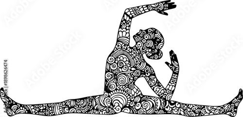 Woman Performing Yoga Split Pose, Intricate Mandala Pattern Body, Flexibility and Wellness, Gradient Background