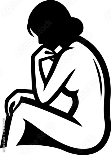 Stylized Black Silhouette of a Woman Sitting in a Pensive Pose, Contemplating with Her Hand on Her Chin, Isolated