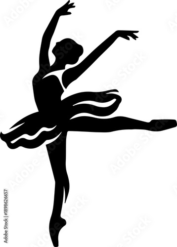 Dynamic Black Silhouette of a Ballet Dancer Mid-Pose, Showcasing Grace and Movement on a White Background
