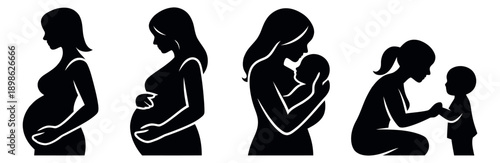 Stylized silhouette motherhood set featuring a pregnant woman, mother with newborn, and mother with toddler for family development