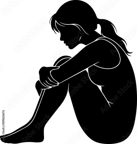 Black Silhouette of a Woman Curled Up, Sitting with Knees Embraced, Conveying Vulnerability or Thoughtfulness
