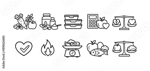 Nutrition and health line icon set for clean eating and diet planning visuals