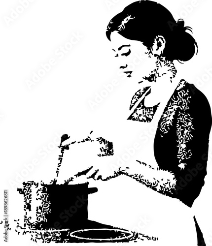Stippled illustration of a woman in an apron cooking at a stove, vintage style, domestic scene, culinary art