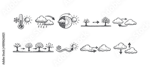 Weather forecast linear icon set. Climate change, seasons, meteorology line icons collection.