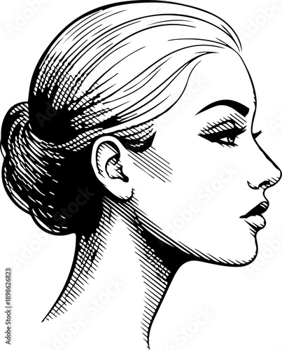 Engraved style illustration of a woman's profile with an elegant updo, detailed portrait for beauty and sophistication