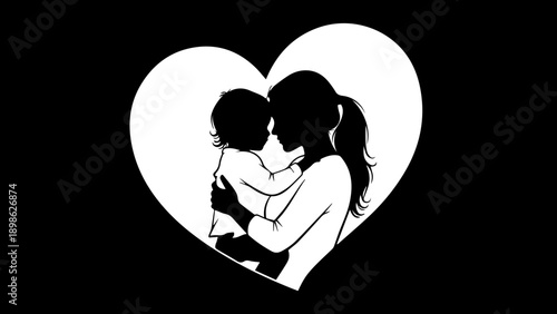 Heart Silhouette of Mother Holding Her Child, Symbolizing Unconditional Love and Family Bonds