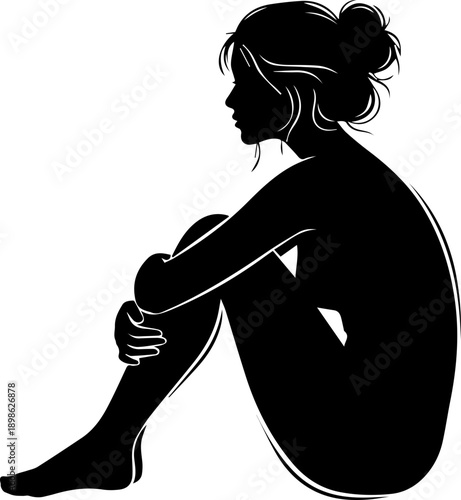 Contemplative Silhouette of a Woman Sitting Curled Up, Expressing Introspection and Solitude