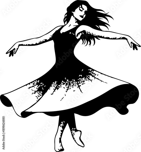 Dynamic Stippled Illustration of a Ballerina Dancing Joyfully in a Swirling Dress