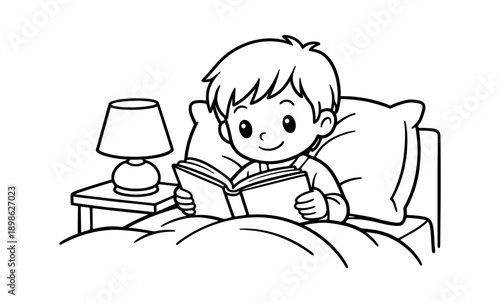 Cute cartoon boy reading a book in bed with a bedside lamp