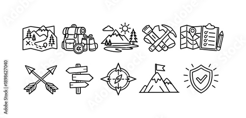 Camping and hiking icon set. Adventure, expedition outline icons collection