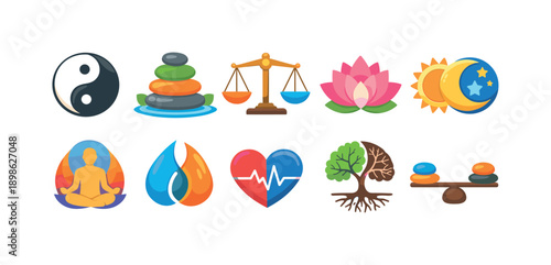 Wellness and balance flat icon set. Meditation, yin yang, balance icons flat collection.