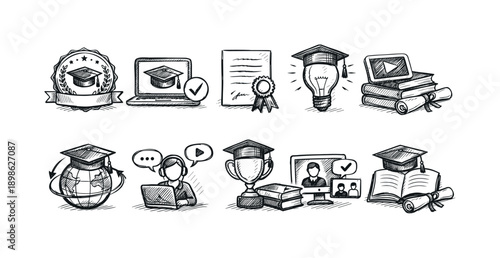 Education, e-learning sketch icon set. Online learning, graduation, certificate outline icons
