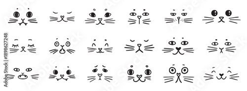cute funny cat faces doodle hand drawn icon set. Outline drawing cats emotions different mood happy or sad line clipart symbol collection