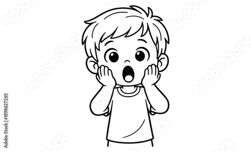 Cartoon boy with wide eyes and open mouth, hands on cheeks, expressing surprise