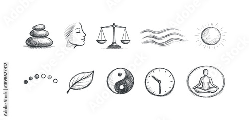 Wellness and balance sketch icon set. Harmony, relaxation outline icons collection