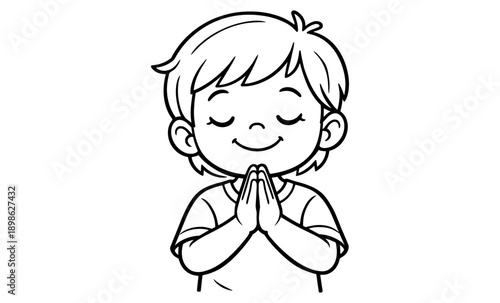 Cute cartoon child with eyes closed praying or meditating with hands together