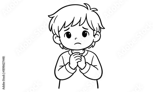Sad cartoon boy with hands clasped together in a pleading gesture