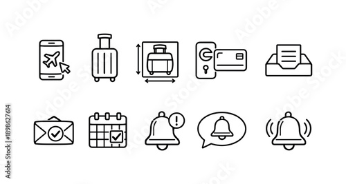 Travel and booking line icon set. Notifications, tickets, luggage line icons collection