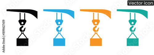 Vibrant crane hook icons in four colors for industrial projects
