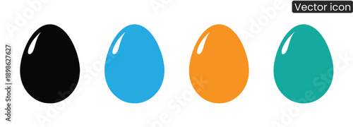 Four colorful egg icons in black, blue, orange, and green on white background