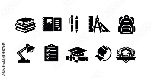 Education and school silhouette icon set. Learning, study, classroom symbols collection
