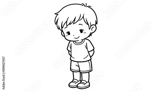 Cute cartoon boy with shy smile and hands behind his back, black and white illustration